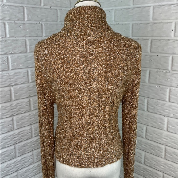 PILCRO Anthropologie Gold Sparkle Turtleneck Cable Knit Crop Sweater Size SM - Picture 7 of 13